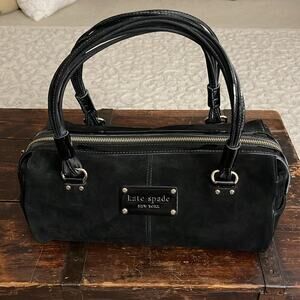 Kate Spade Black Suede and Patent Leather Vintage Satchel Handbag 12"x5"x7"